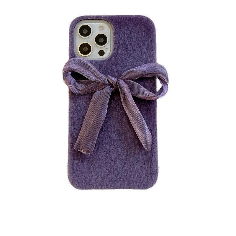 Purple Korean style silk bow plush phone case for Apple iPhone with fall protection
