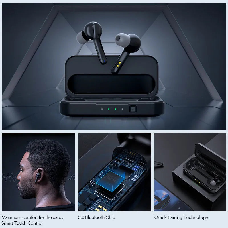 Black and white true wireless stereo earbuds with a compact charging case on a table.