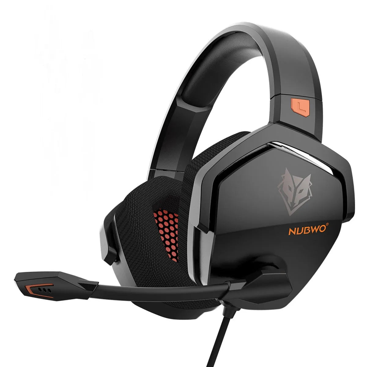 Wired esports game headset with 50mm driver, artificial leather earmuffs, and braided cable in black and orange