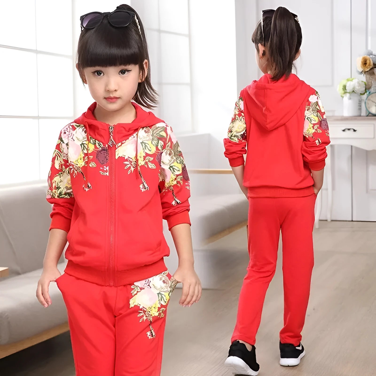 Children's hooded pants suit set in pink, red, or yellow colours for spring and autumn wear