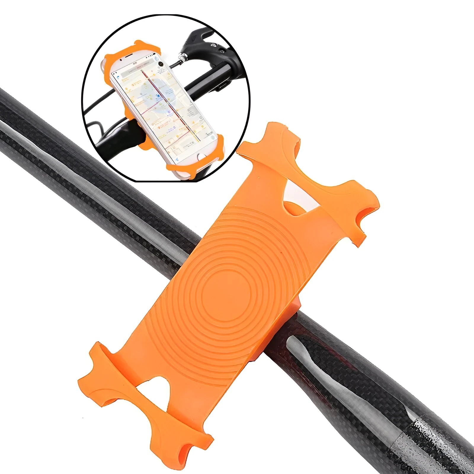 Silicone bicycle phone holder mounted on a handlebar showing its three-hole adjustment system.