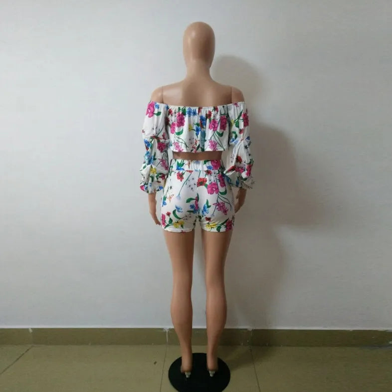 Multicolour digital print two-piece set with pile sleeve top and shorts.
