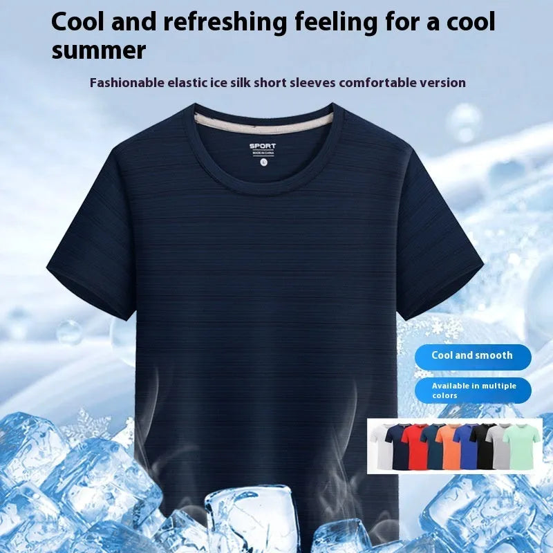 Crystal silk round neck quick-drying T-shirt in a solid colour on a hanger.