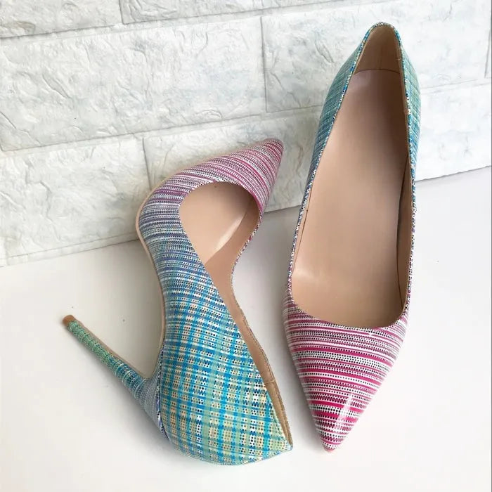 Women's pink-to-blue gradient patent leather high-heeled shoes with a pointed toe.