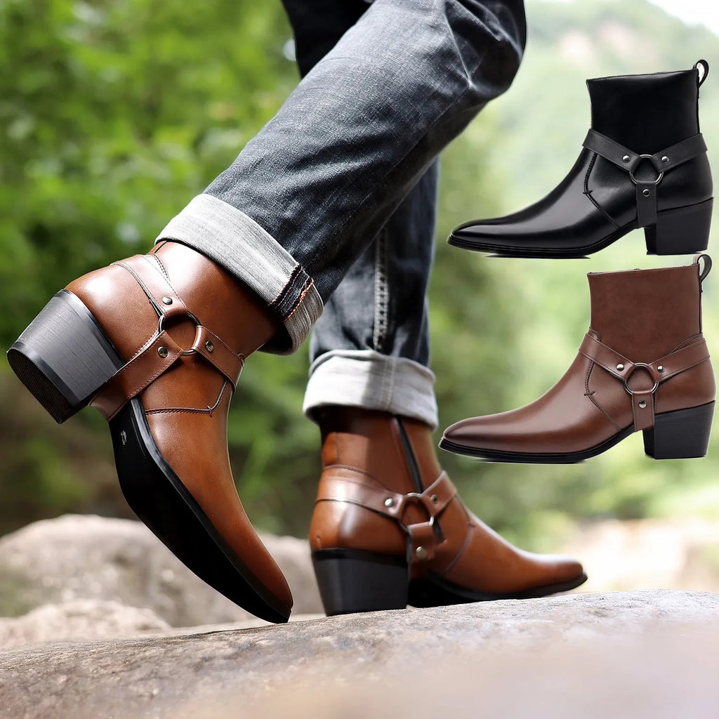 Unisex black ankle boots with side zipper, square toe, chain and rivet details on a horseshoe heel.