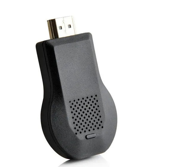 Small white wireless HDMI dongle receiver with USB cable for screen mirroring