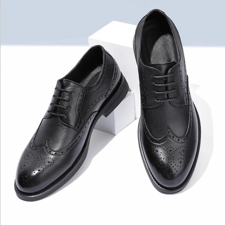 Men's black and brown brogue style shoes with a PU leather upper for business wear.