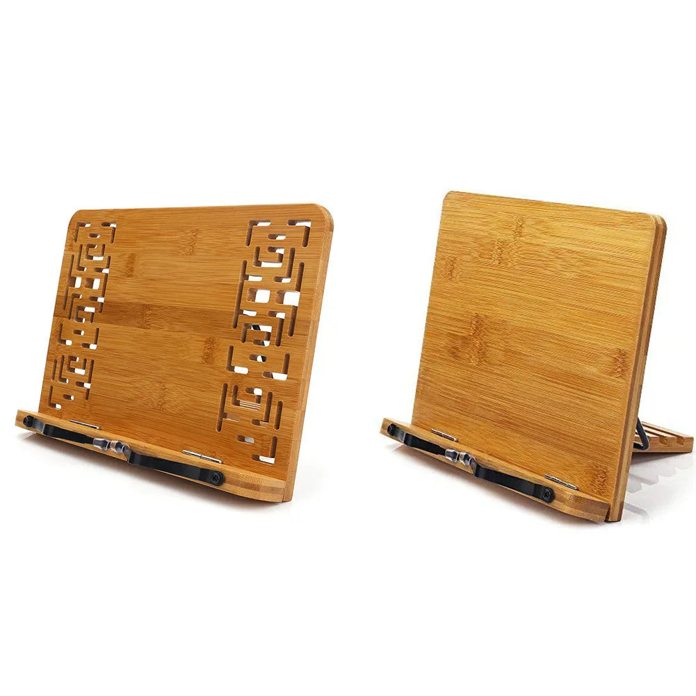 Solid wood bamboo hollow reading frame in glossy white or natural finish, sizes S M L, holding a copybook on a desk.