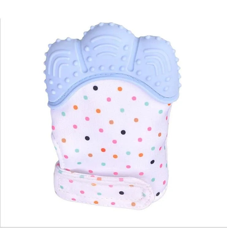Baby silicone teething glove with Velcro strap in a smiley face yellow design.