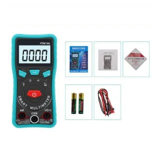 Green automatic digital multimeter with LED display on a dark surface.