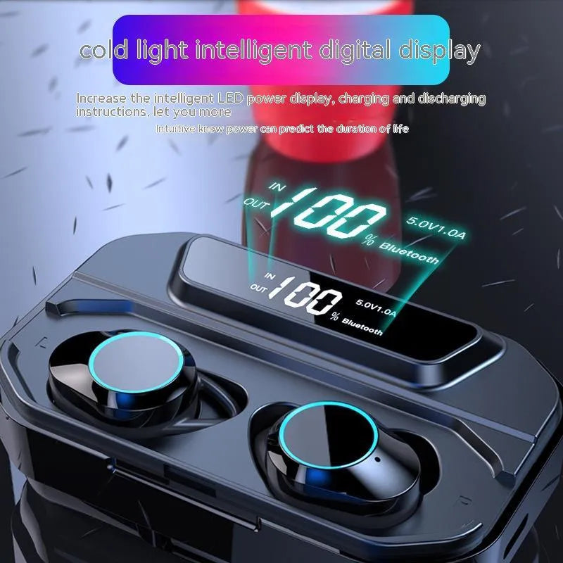 Black wireless Bluetooth earbuds with charging box, 120-hour battery, and power display