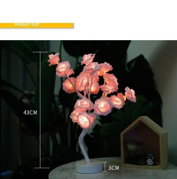White and red rose flower LED table lamp with bonsai tree base and warm white lights