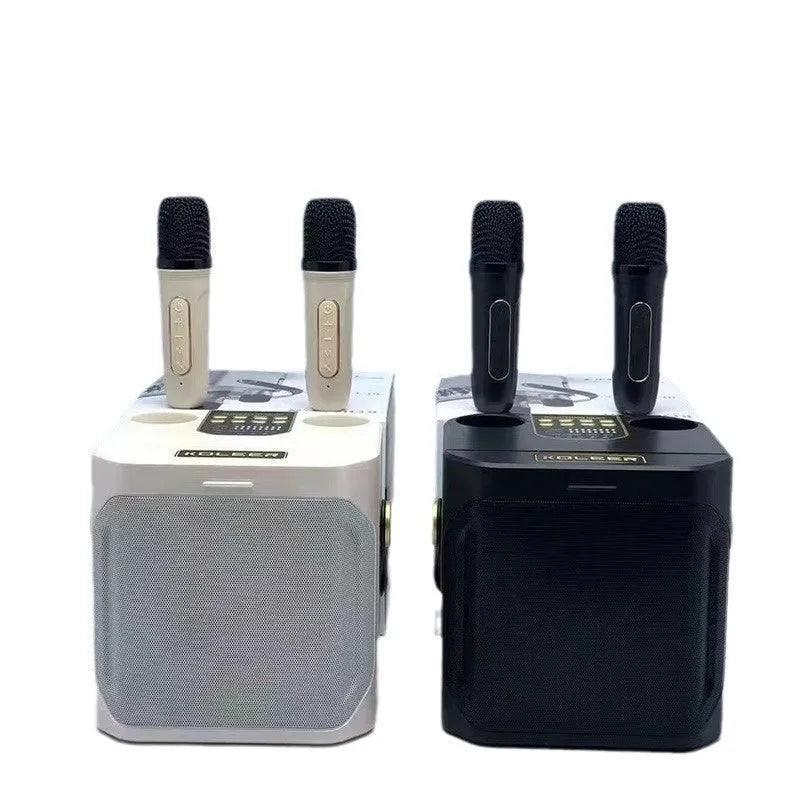 Dual stereo portable karaoke speaker system with two wireless microphones in black