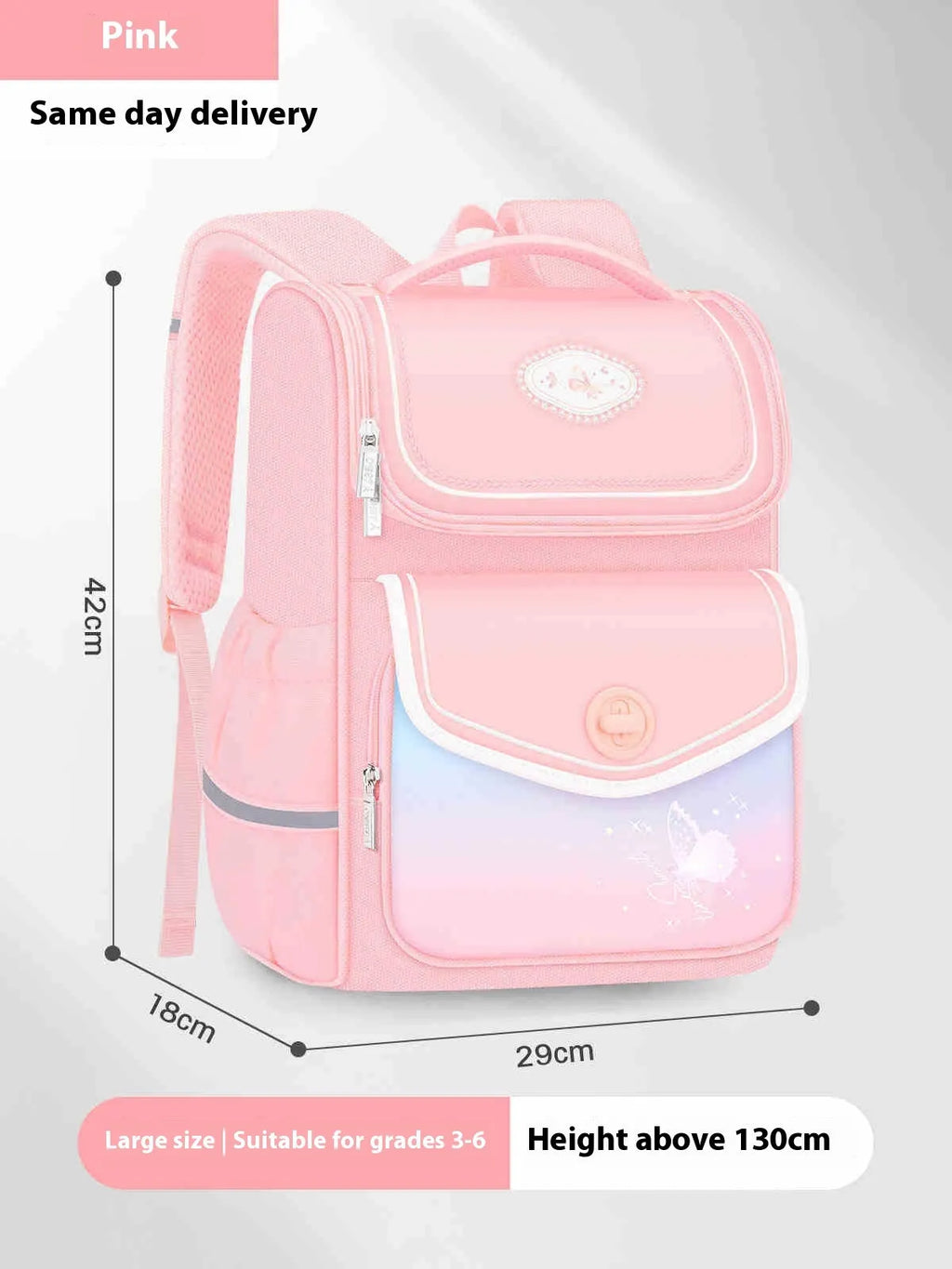 Girls' waterproof Oxford cloth school backpack in pink, purple, or green colours for primary students aged 3-6