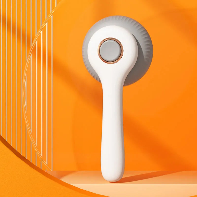 Blue and white self-cleaning pet grooming brush with a slicker comb head for cats and dogs.