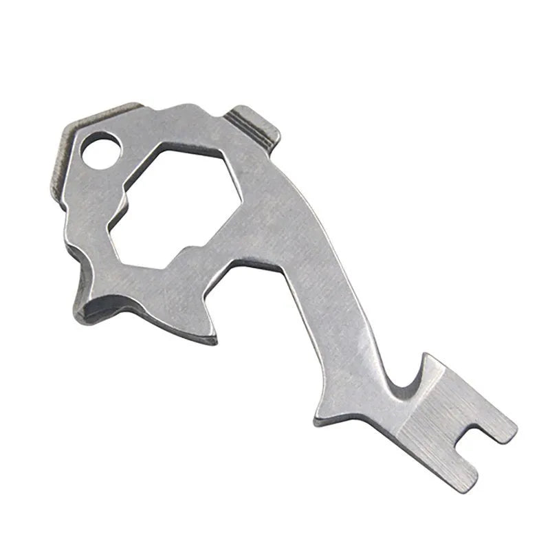 Silver 20-in-1 stainless steel multi tool keyring with screwdrivers, wrench, and bottle opener