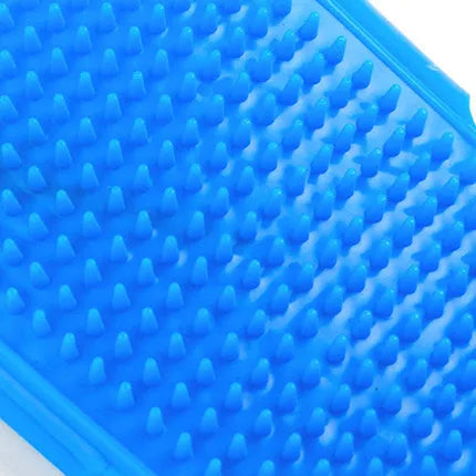 Elliptical plastic dog bath brush in blue 120x90x20mm set of hands shape for general dog grooming