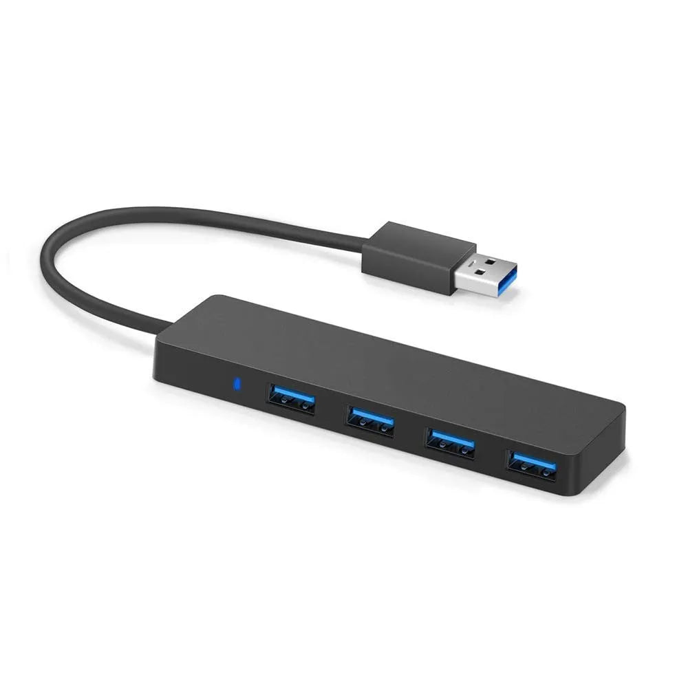 Black USB 3.0 hub with four ports and 30cm cable for computer expansion