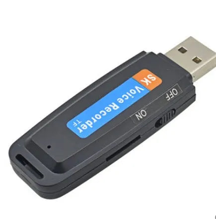 Black and white plastic USB flash drive with voice function showing dimensions and capacity options