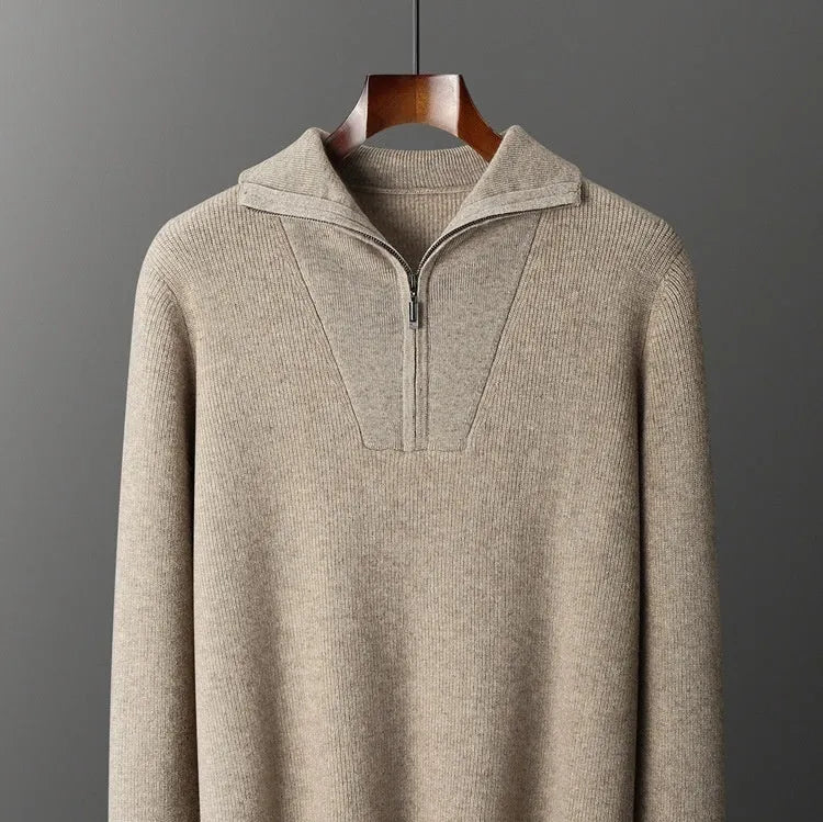 Men's thickened half zipper jacquard pullover sweater in elephant grey, loose fit, long sleeve winter top