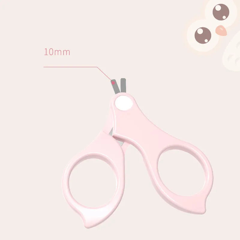 Baby nail clippers with silicone finger grips, stainless steel blades, and a choice of blue or pink animal designs.