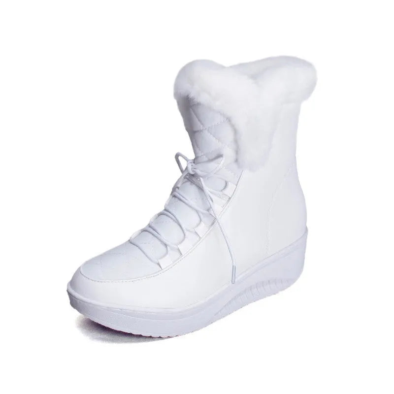 Black women's winter boots with lace-up closure, water-resistant PU leather, and a plush lining.