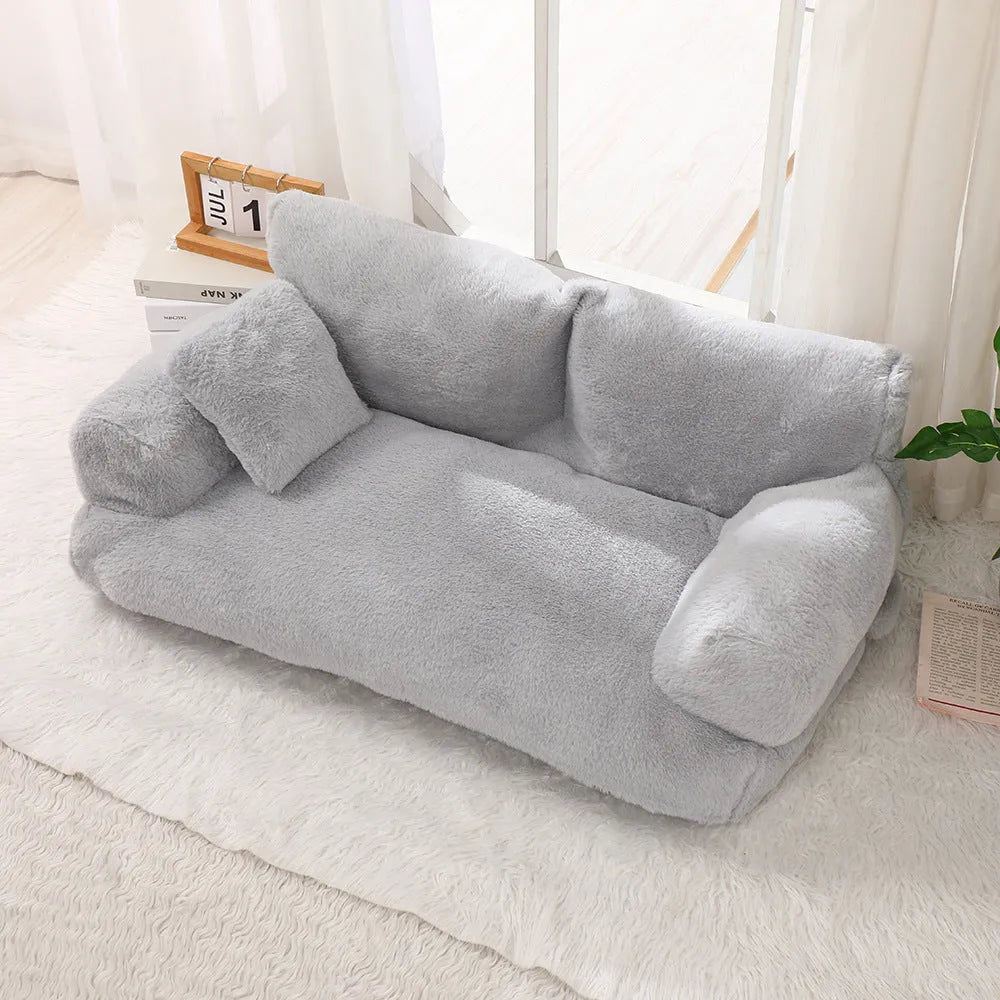 Rabbit plush dog sofa nest in khaki, dark grey or light grey, six sizes from S to XXL