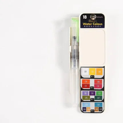 Fan-shaped foldable solid watercolour paint set in transparent box with fountain pen