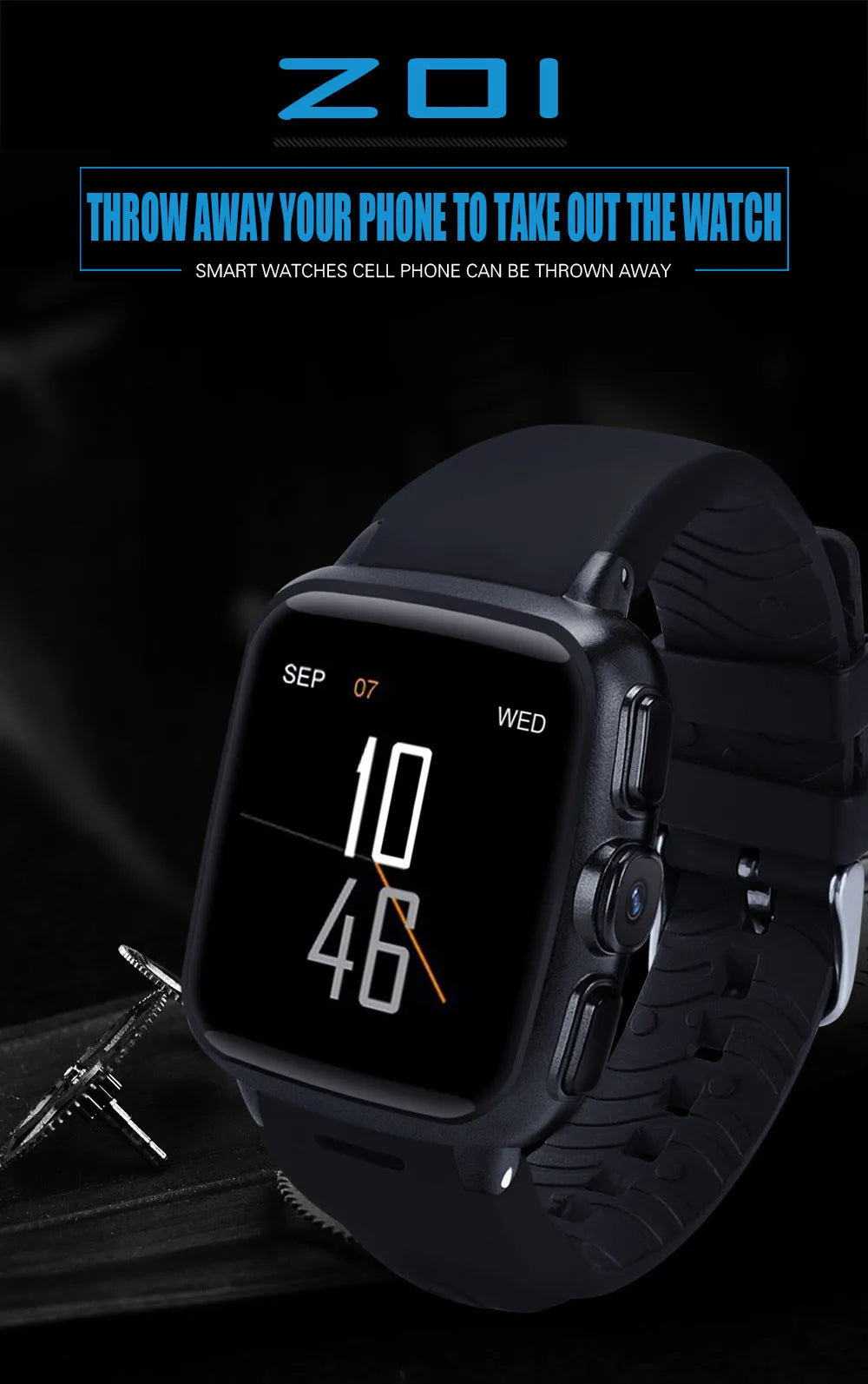 Z01smart watch in black or white with a 1.54-inch touchscreen and built-in camera.