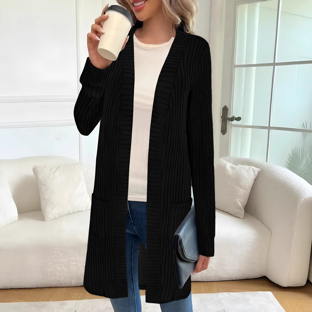 Long sleeve loose fit knitted cardigan jacket with pockets in black, wine red, or grey