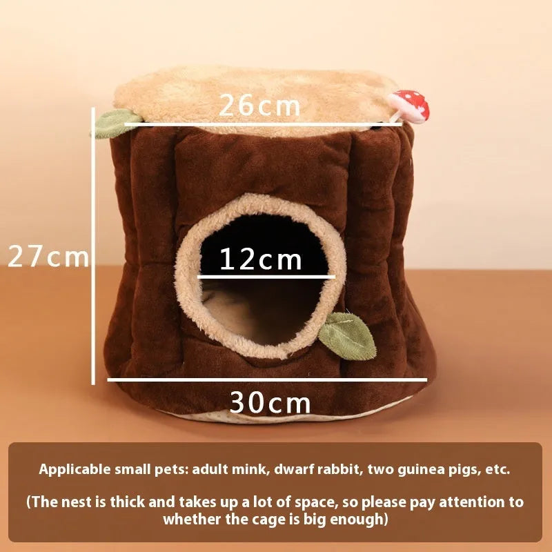 Brown cloth hanging stump nest for rabbits, shown in small, medium, and large sizes.