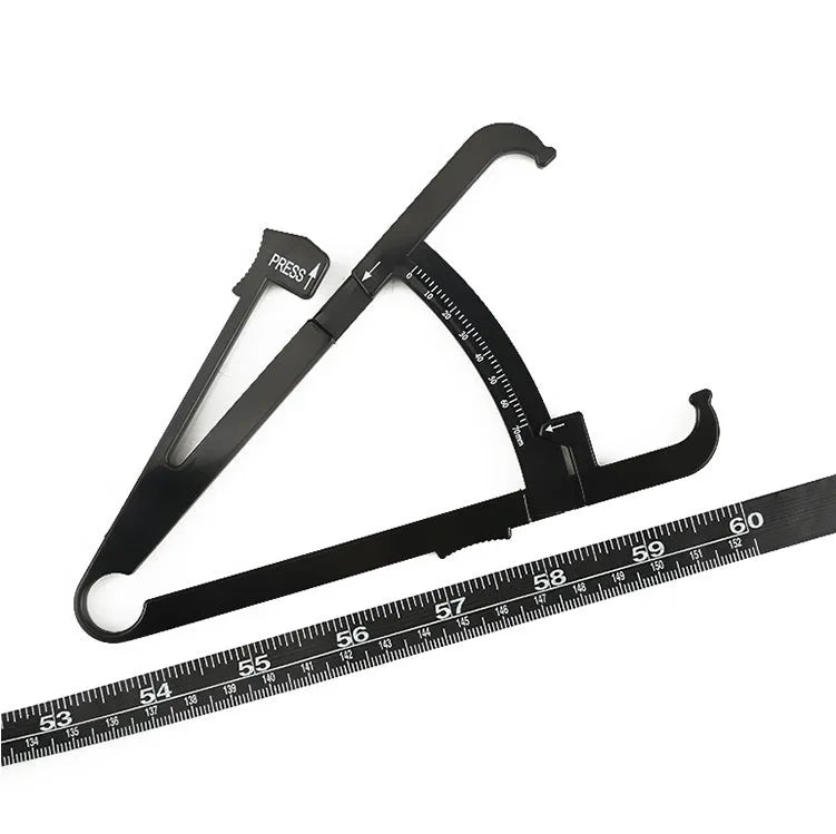 Black ABS plastic body fat caliper for skinfold measurement with a retractable measuring tape.