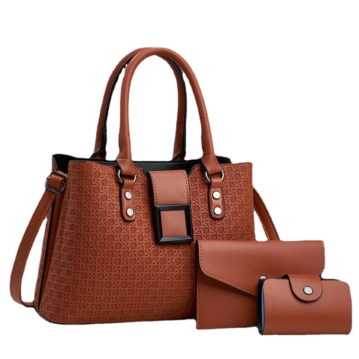 Three-piece women's crossbody bag set in textured PU leather with woven detailing in seven colour options