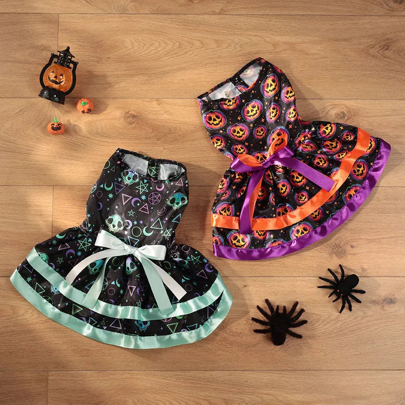 Halloween pet skirt for dogs with double-layer design and colourful pumpkin print.