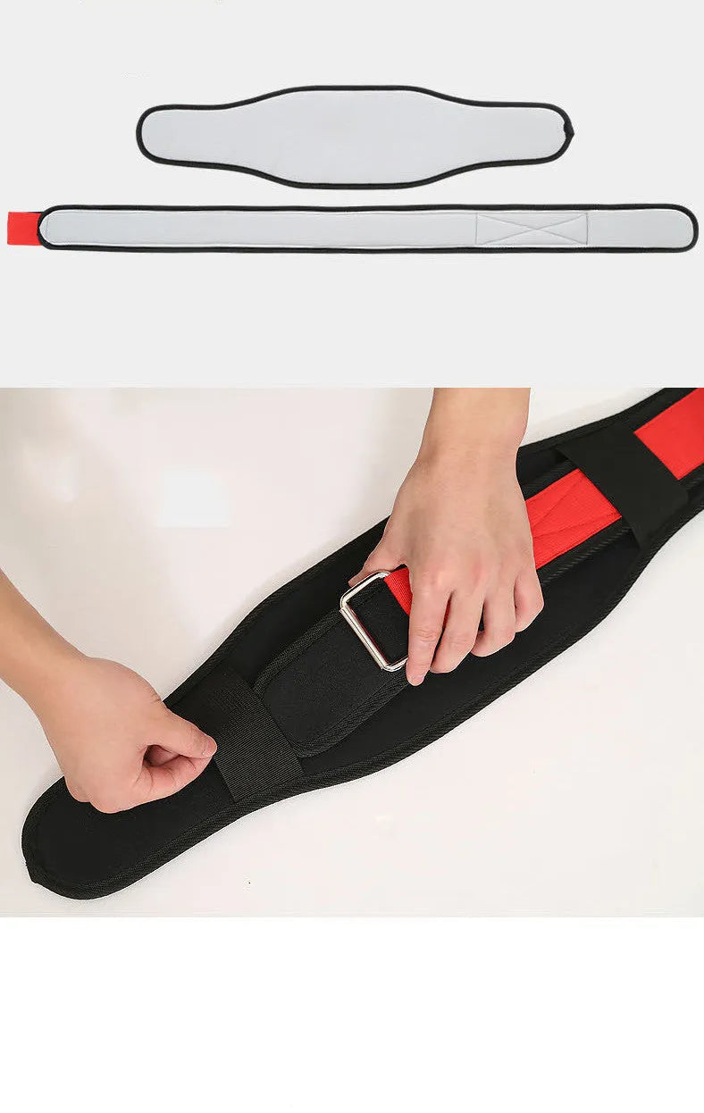 Black nylon fitness weightlifting waistband shown on an adult, adjustable and designed for support.