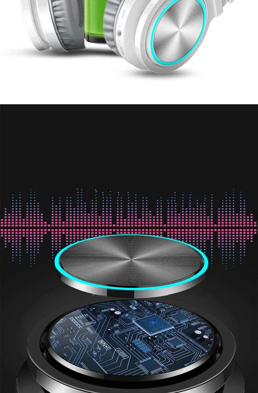 Wireless folding headset with Bluetooth 5.0 showing black, black and red, and white and grey colour variants