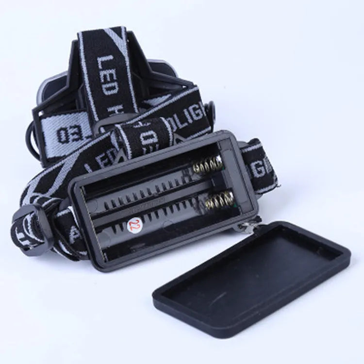 Head-mounted LED camping headlamp with long-range beam for outdoor use