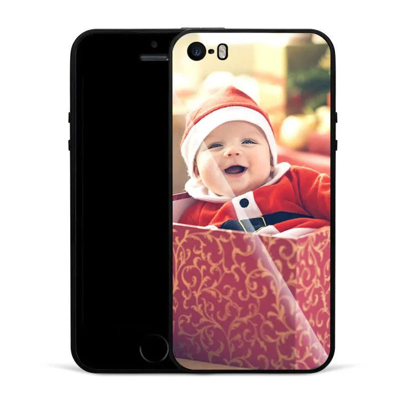 Slim patterned protective case for Apple iPhone with raised edges around screen and camera.