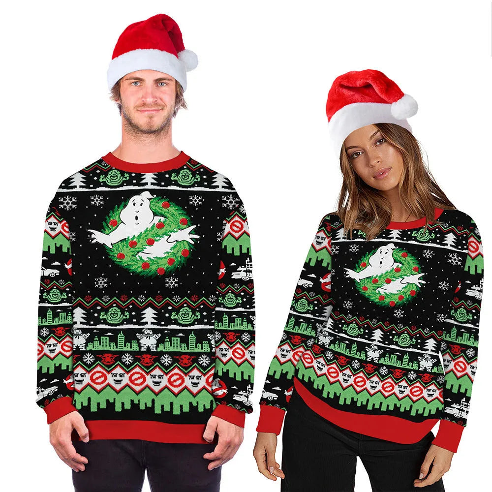 Christmas print sweater long sleeve polyester pullover in red and green pattern, front view