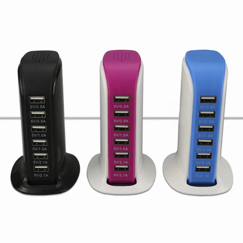 30W vertical 6-port USB charger with UK plug, black, 77x65x110mm
