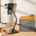 Square double arm alloy desktop bracket holding a mobile phone, with universal adjustment for devices 4-12.9 inches.