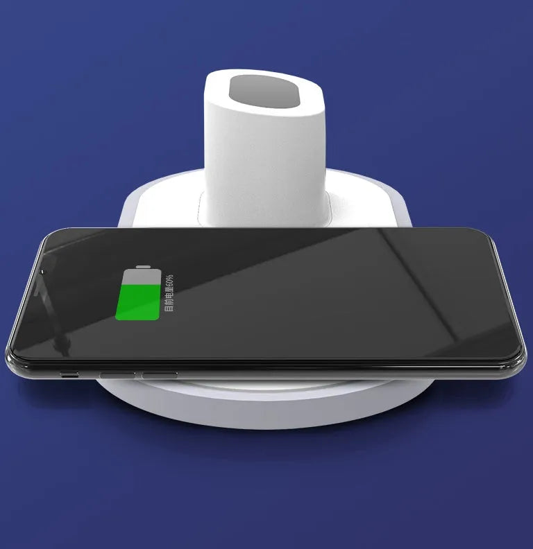 White three-in-one wireless charger for phone and watch with Type-C port and LED indication