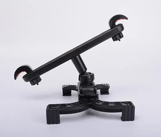 Black universal car tablet holder with adjustable steel mount attached to a car headrest.