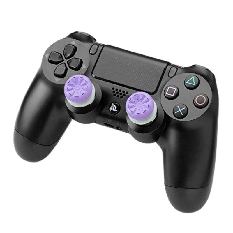 PS4 thumb grip extender caps in ABS plastic, shown in Black Red and Purple, for PlayStation 4 controller