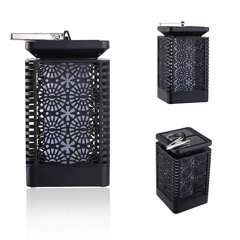Solar-powered retro-style flame garden light with ground spike for outdoor patio use