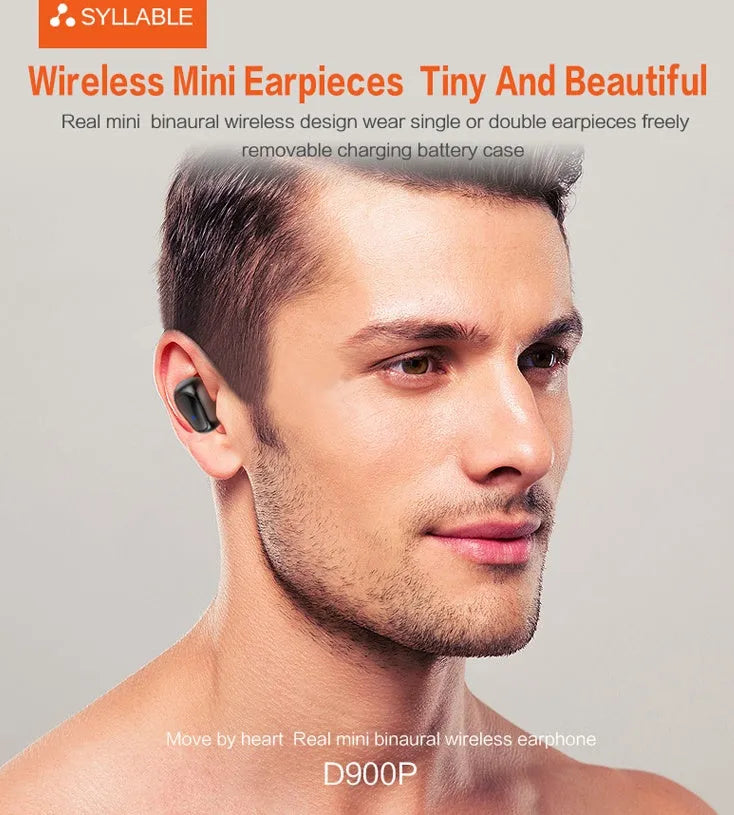 White TWS wireless in-ear sports headphones and compact rectangular charging case on a table.