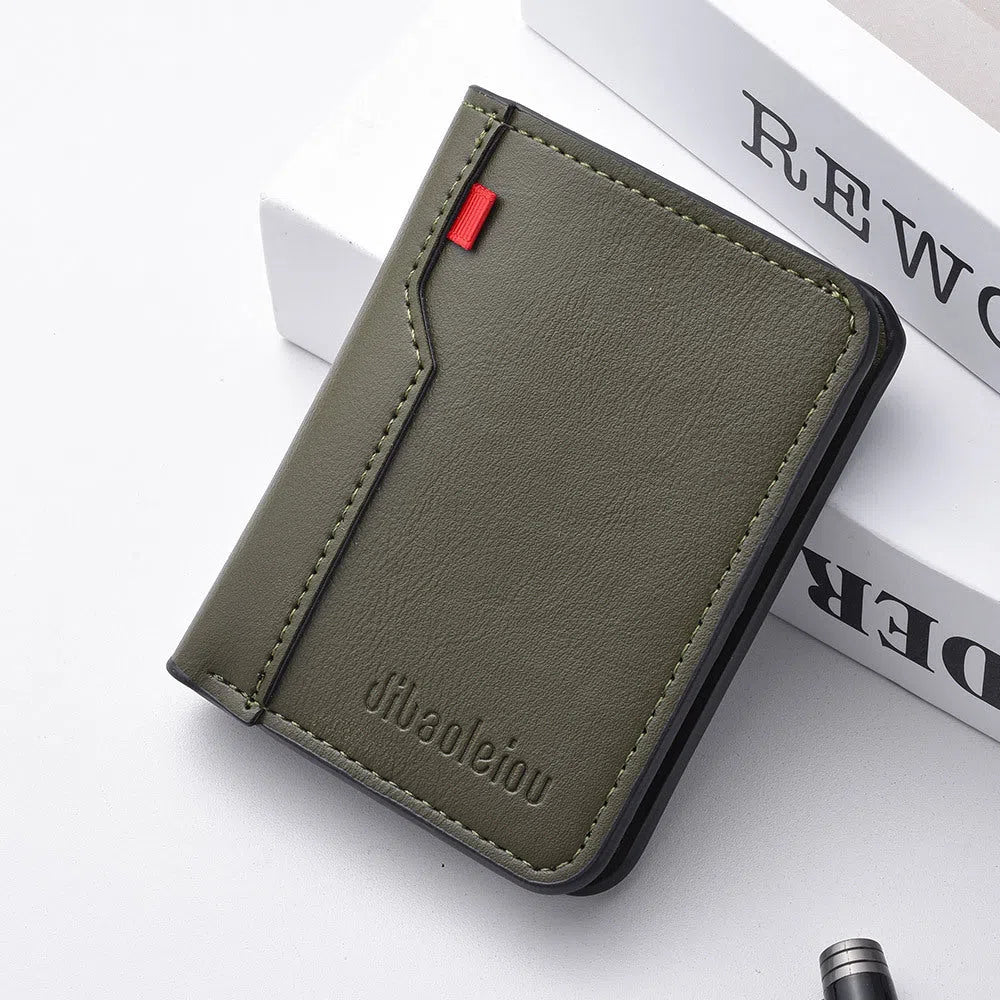 Vertical men's wallet in solid colour PU with visible stitching, ultra-lightweight design, available in black