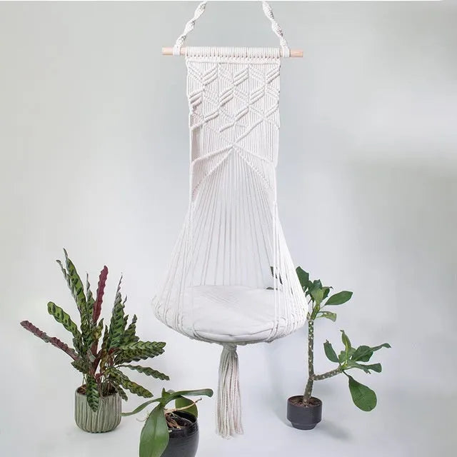 Handmade macrame pet swing cage rectangular plain pattern cotton rope hanging bed for cats