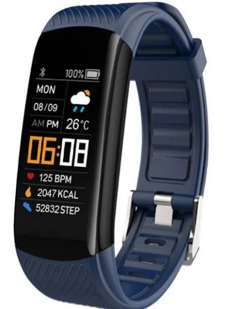 Adult sports silicone pedometer bracelet smart band with touchscreen on a wrist.