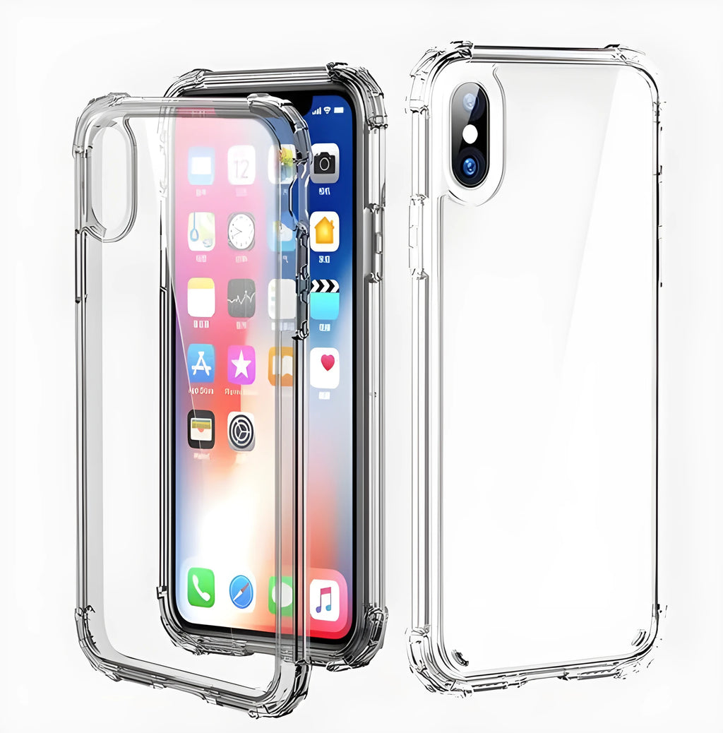 Clear transparent TPU shockproof back cover case for iPhone on a table